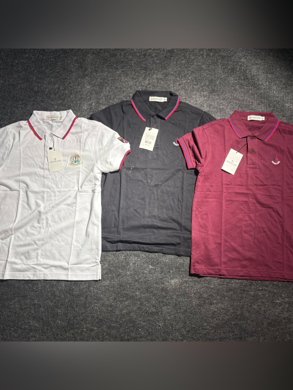Moncler Men's Polo Shirt lot of 3- White, Black, Burgundy Size M